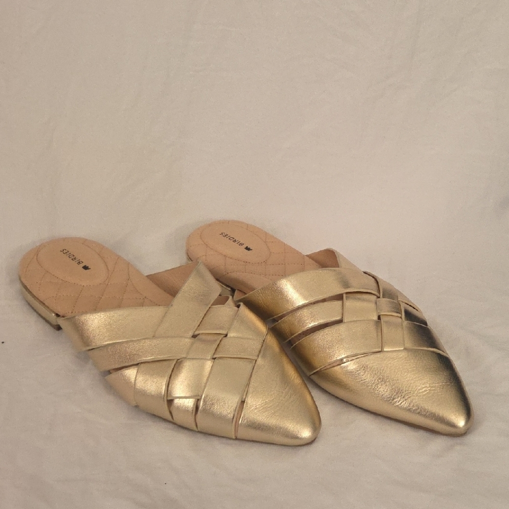 Birdies Metallic Gold Woven Pointed Mule